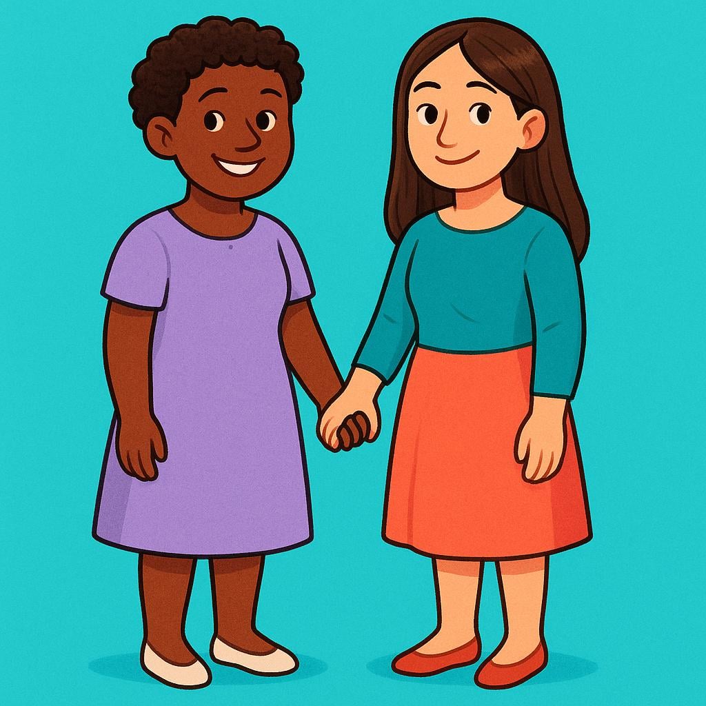 Two adult women standing close together and holding hands affectionately.