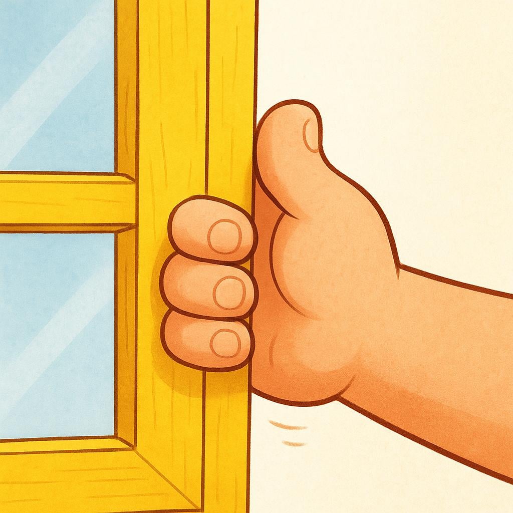 A close-up view of a large, cartoonish hand firmly pushing a yellow window frame shut, illustrating a command.