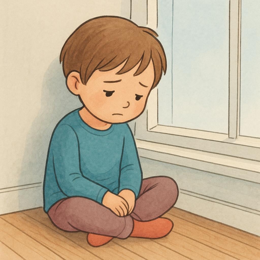A young child sitting alone on the floor next to a closed window, looking sad and dejected, symbolizing being grounded.