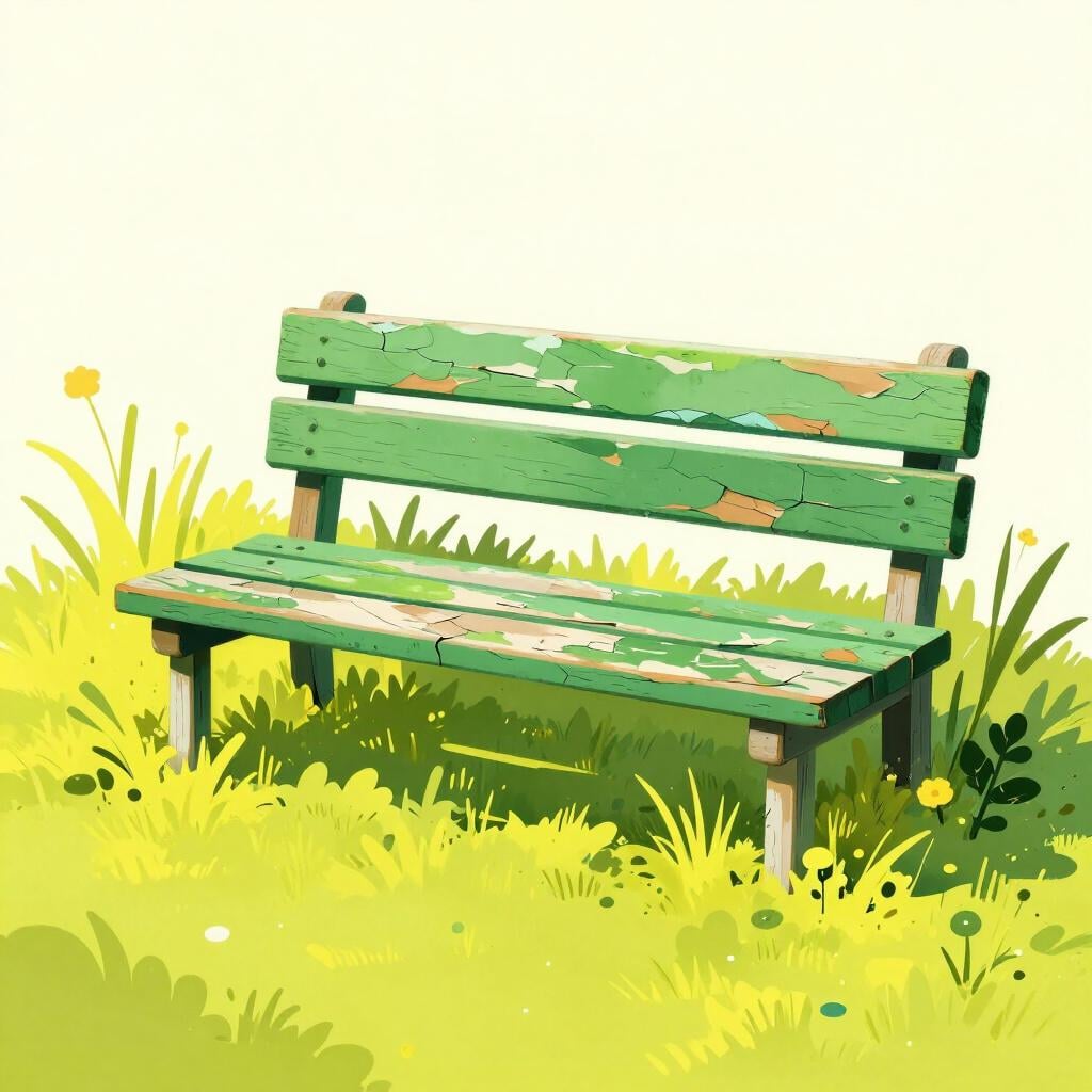 Un banc de jardin en bois avec de la peinture écaillée et de longues mauvaises herbes poussant à travers les lattes.