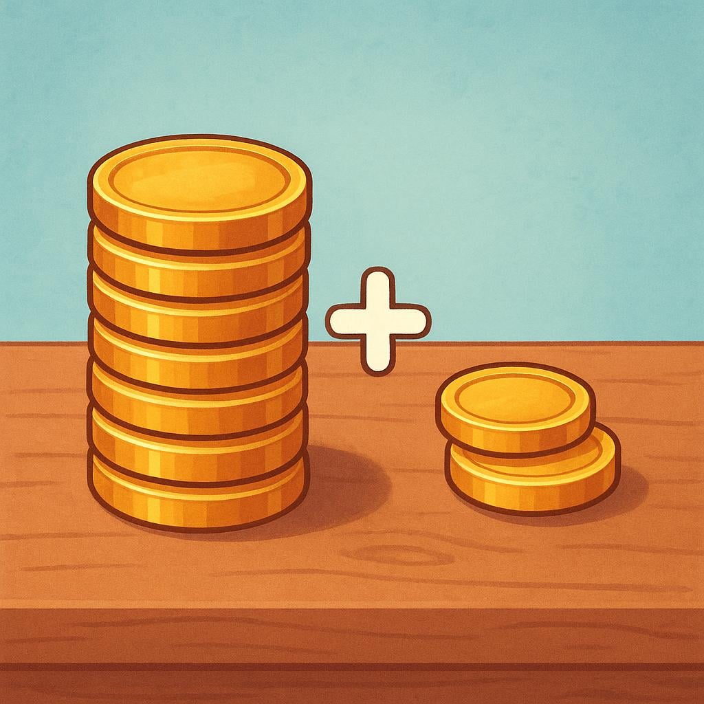A large stack of gold coins on a table, with a smaller, clearly separate pile of coins sitting right next to it, representing the additional money earned as interest.