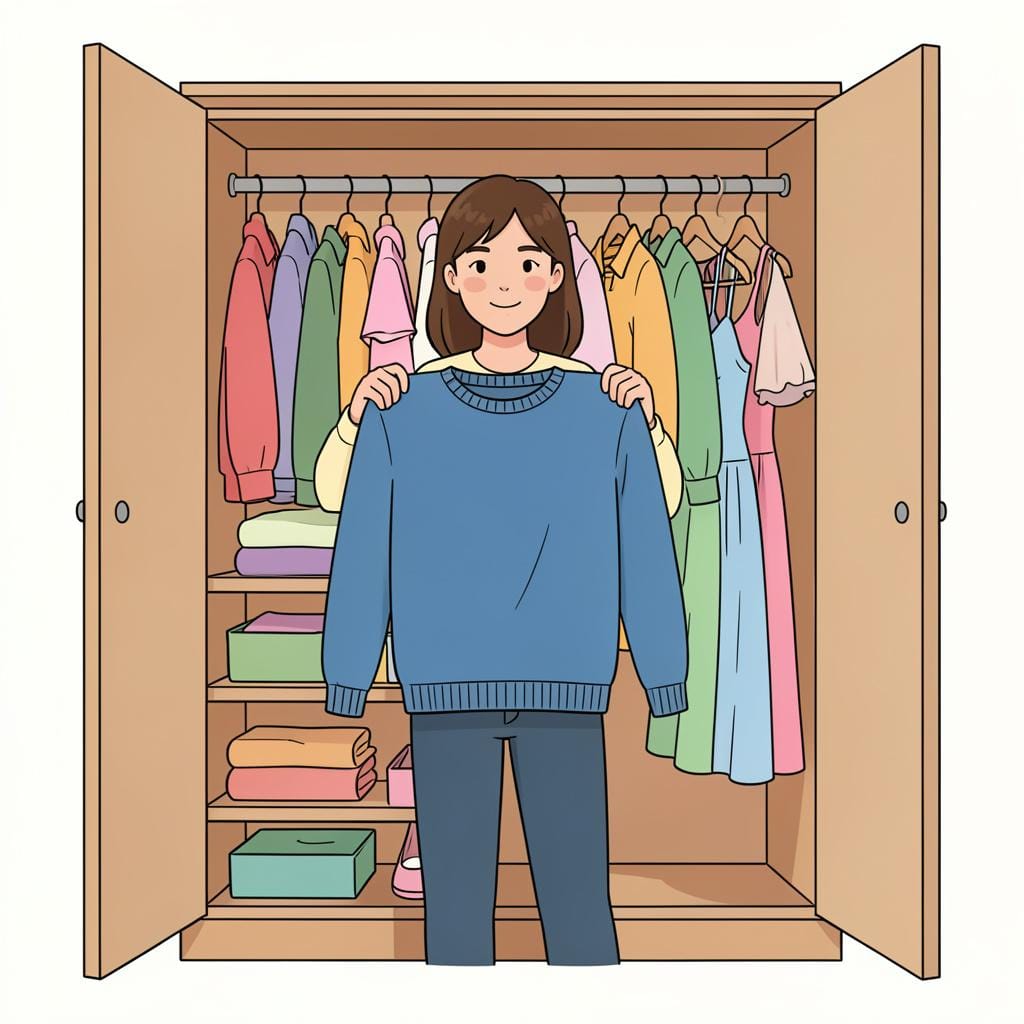 Uma pessoa segurando um suéter azul em frente a um guarda-roupa aberto cheio de roupas coloridas.