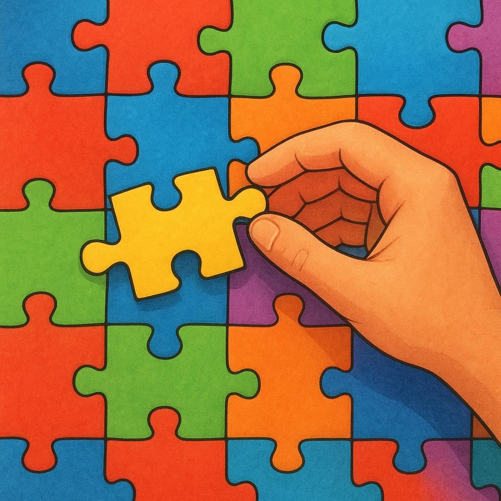 A close-up view of a person's hand placing the final, bright red piece into a colorful jigsaw puzzle, symbolizing the completion of a task.
