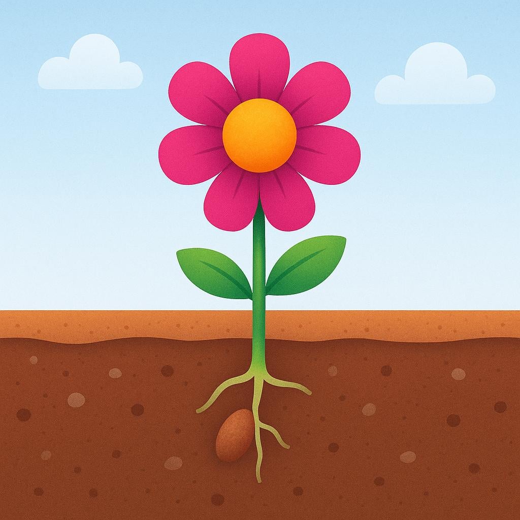 A brown seed in the soil instantly sprouting a brightly colored flower, representing a direct outcome or consequence.