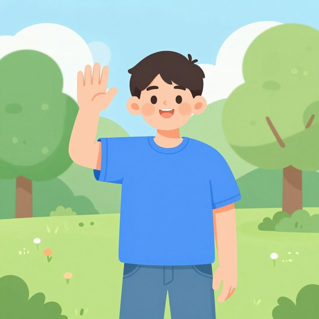 Un homme amical faisant signe de la main tout en portant un t-shirt décontracté et un jean.