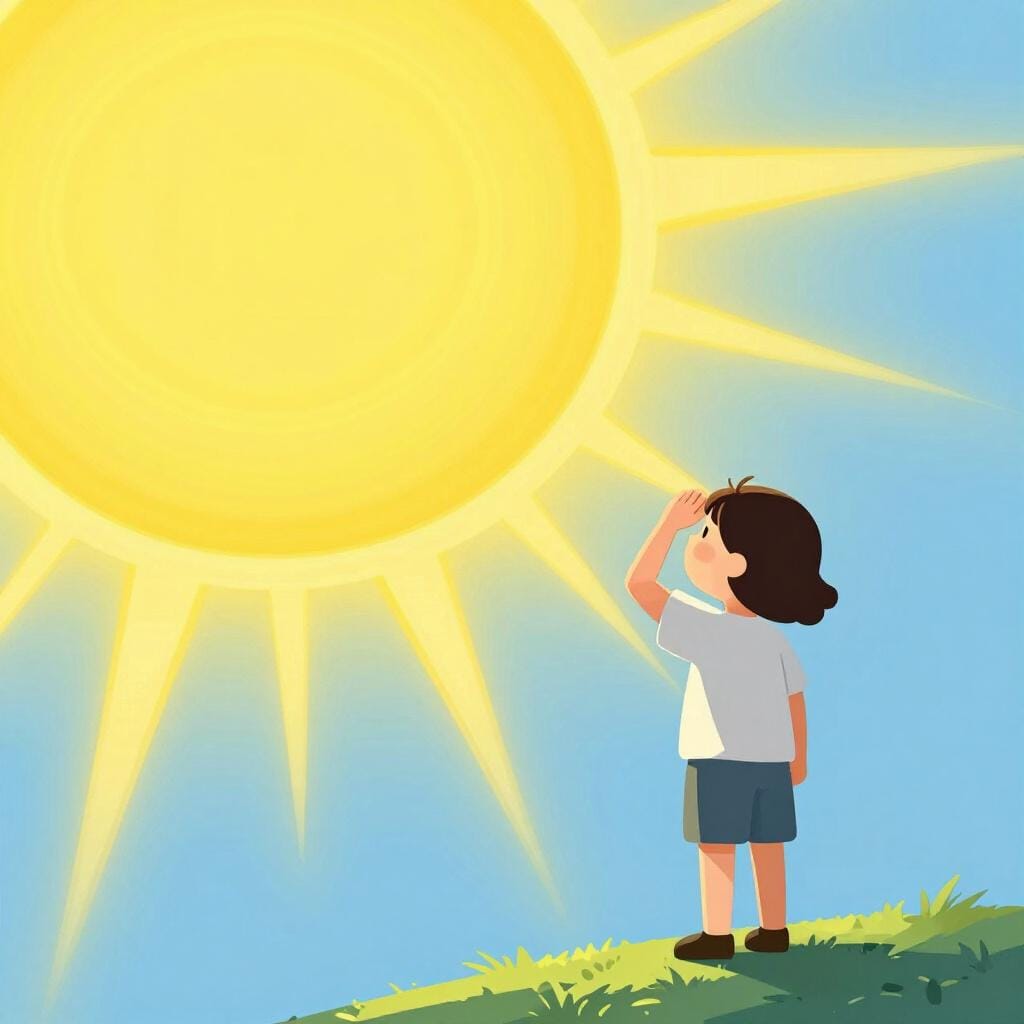 A person shielding their eyes from a very bright, glowing yellow sun.