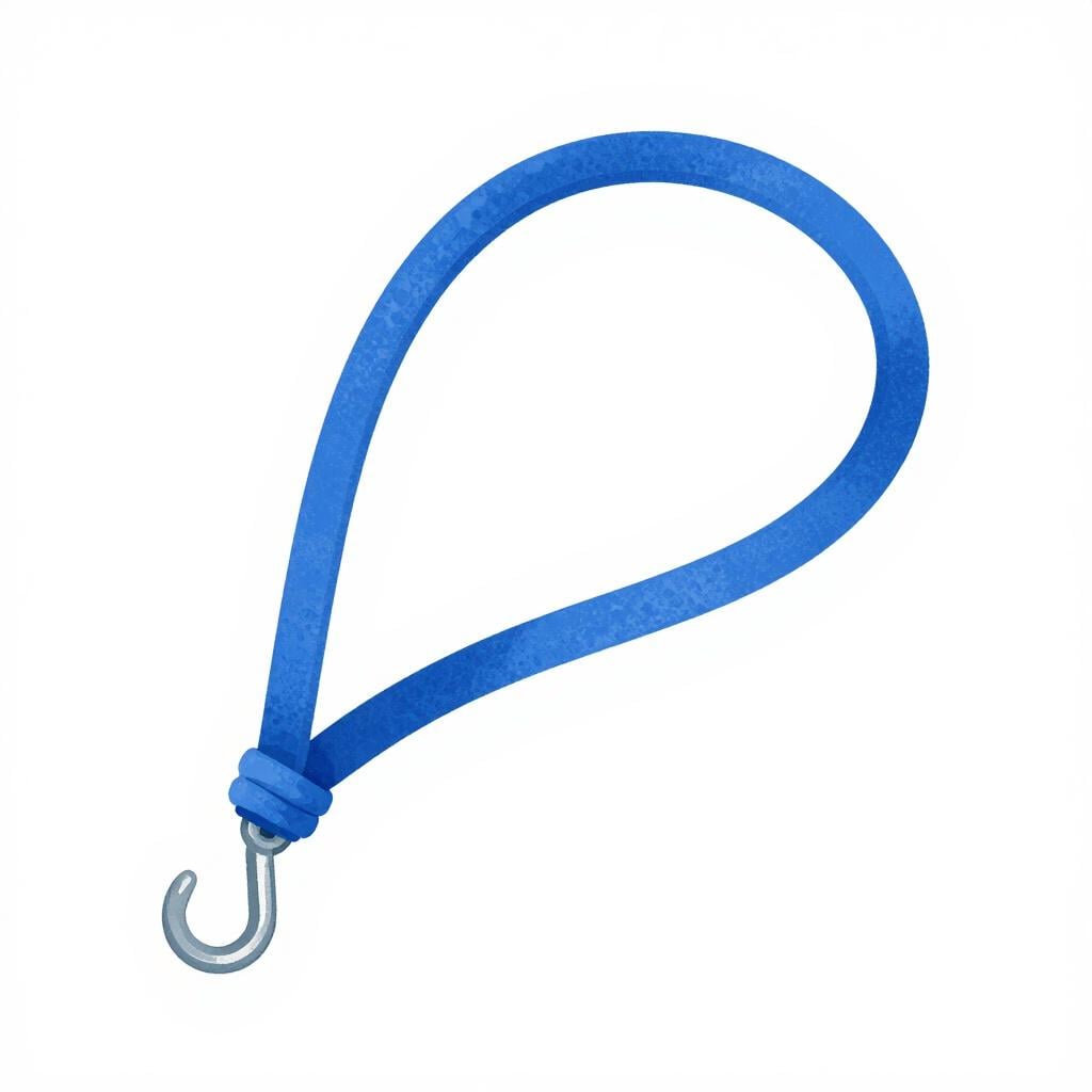 Ein hellblaues elastisches Bungee-Seil mit Metallhaken an beiden Enden, das zur Sicherung von Gepäck verwendet wird.