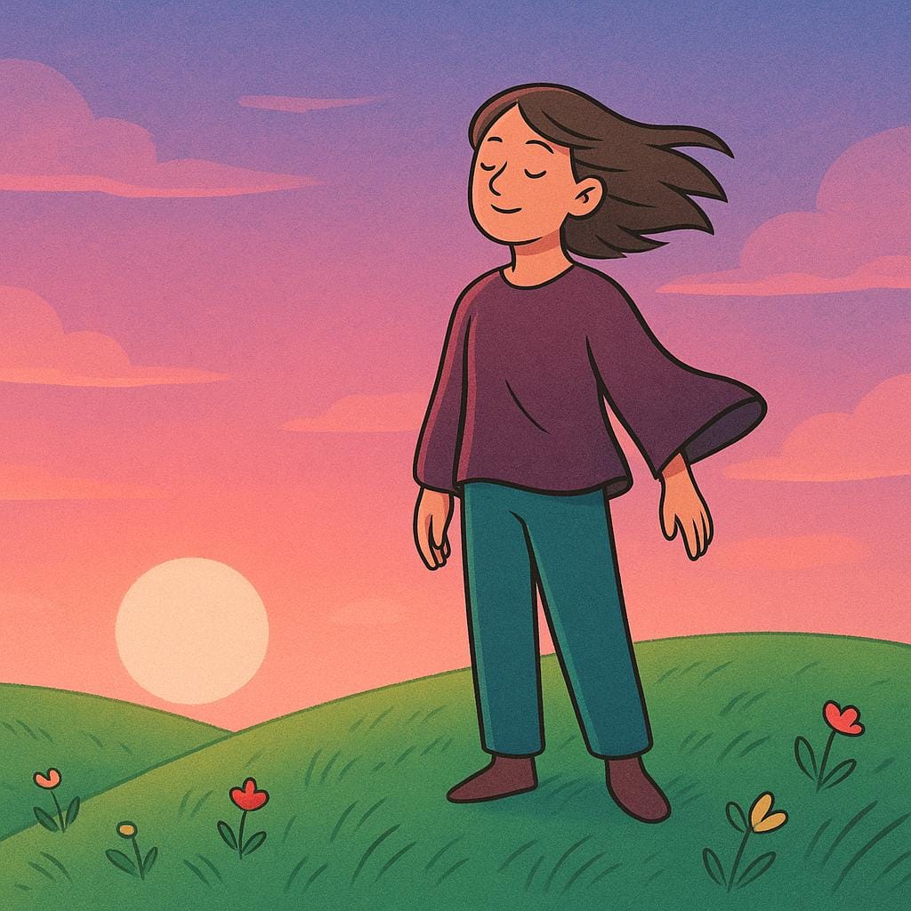A young, joyful person standing on a grassy hill with arms outstretched at sunset, feeling the strong wind, symbolizing undergoing an experience.