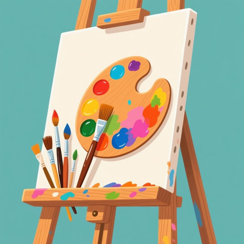 A detailed wooden easel holding a blank canvas, surrounded by colorful paint tubes, brushes, and a palette, set inside a grand, classical building interior.