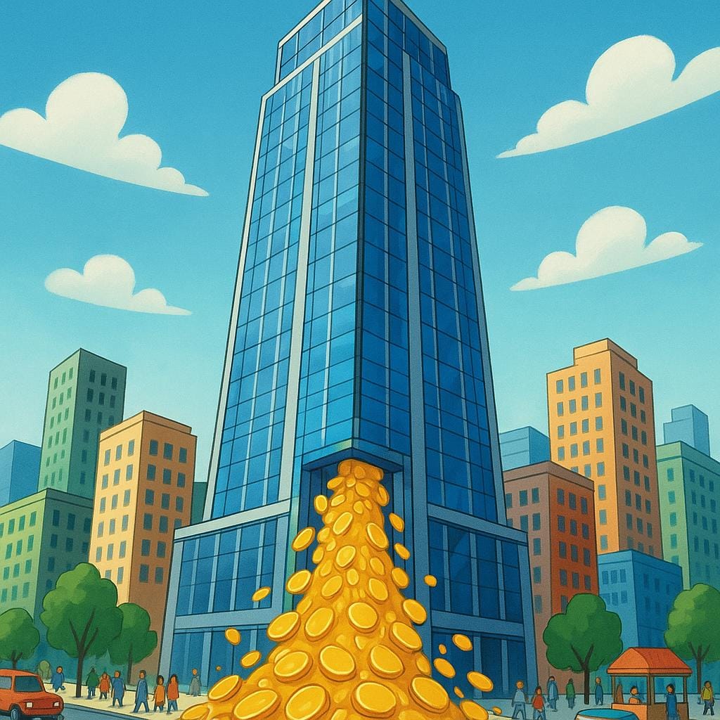 An illustration of a massive, modern skyscraper made of glass and steel, towering over smaller buildings in a city. A large stream of gold coins flows directly into the building's foundation, symbolizing a business empire.