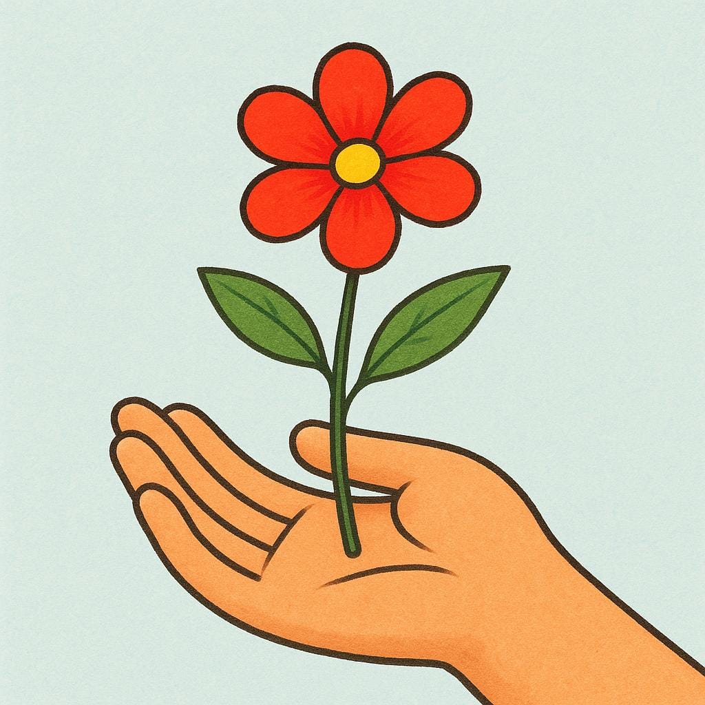 Een close-up illustratie van een enkele menselijke hand die voorzichtig een levendige rode roos vasthoudt aan de steel.