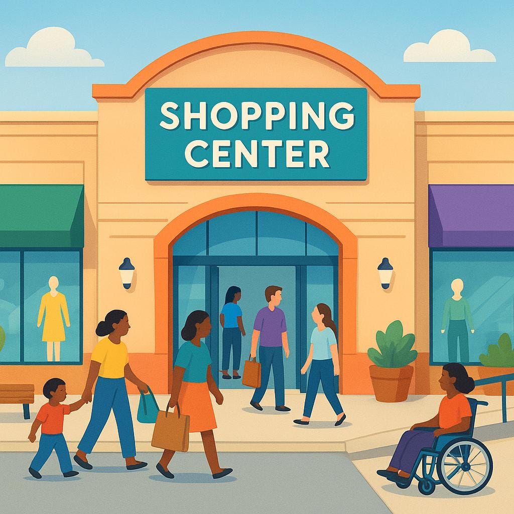 The main entrance facade of a large, modern shopping mall with many colorful window displays and a clean design.