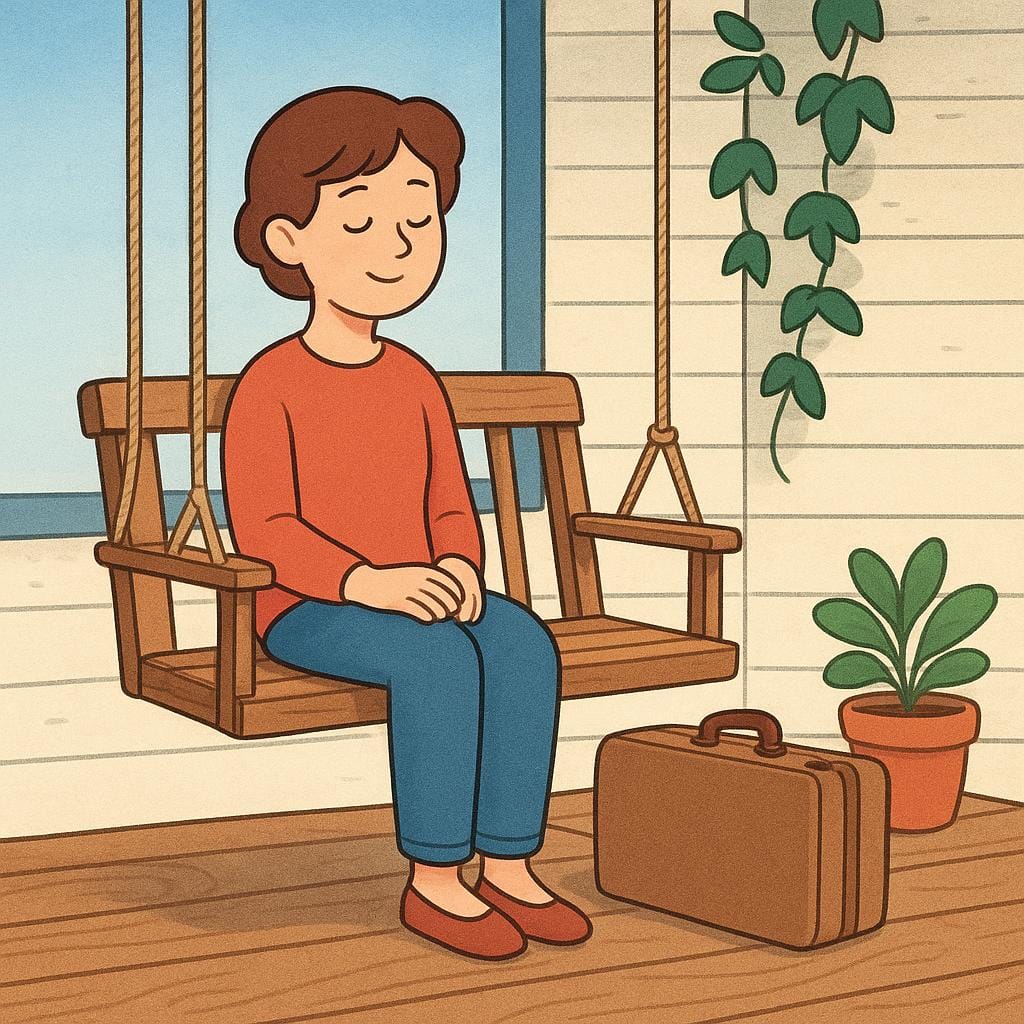 Una persona seduta comodamente su un'altalena di legno in veranda accanto a una piccola valigia chiusa, dall'aria rilassata e sistemata, che illustra il concetto di rimanere o soggiornare in un luogo.