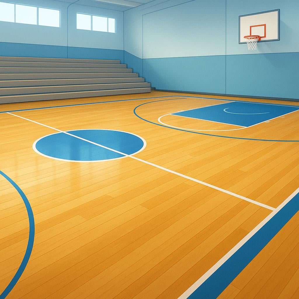 A large indoor sports hall featuring a polished wooden floor basketball court with boundary lines and a basketball hoop.