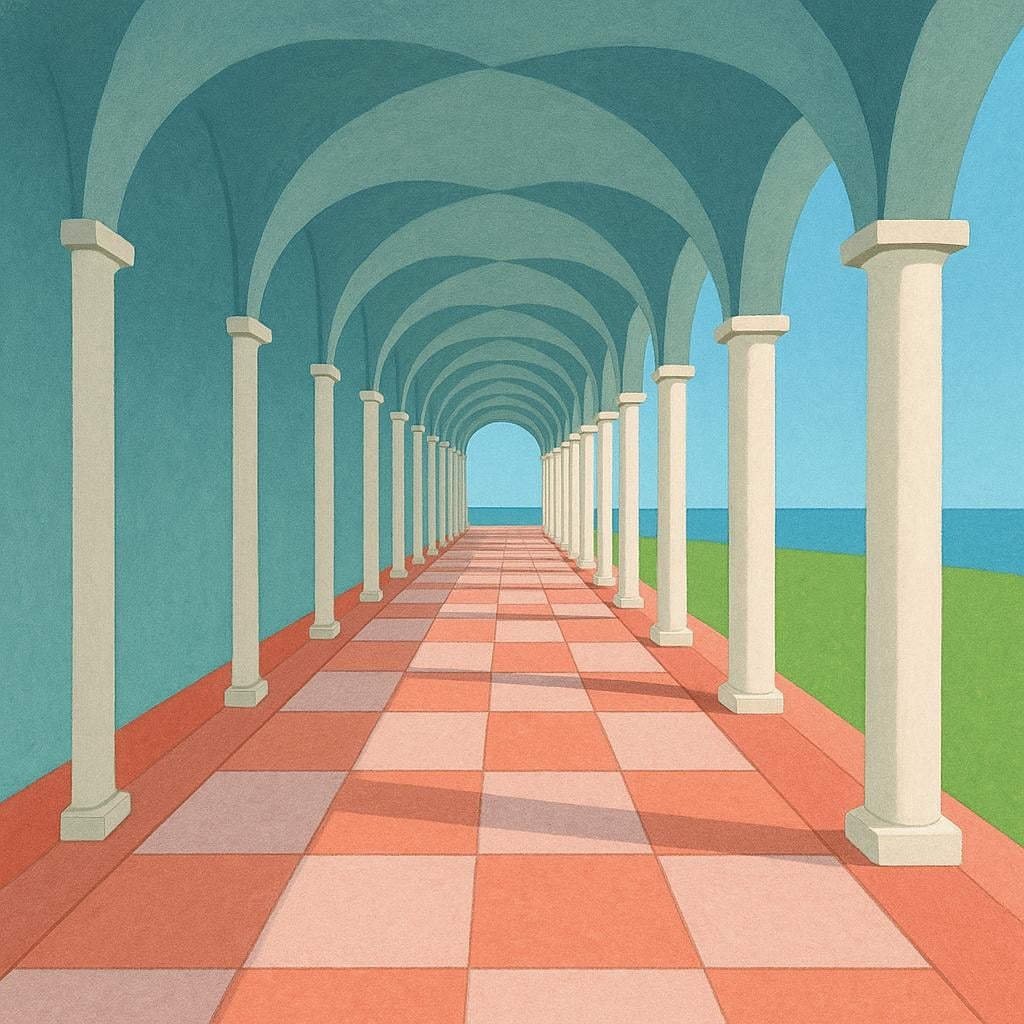 A long, covered outdoor walkway or arcade supported by white pillars, stretching into the distance.