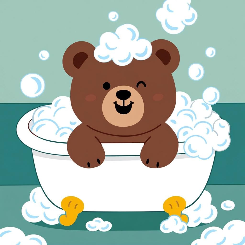 A happy cartoon bear cub relaxing in a bathtub filled with thick white bubbles and warm water.