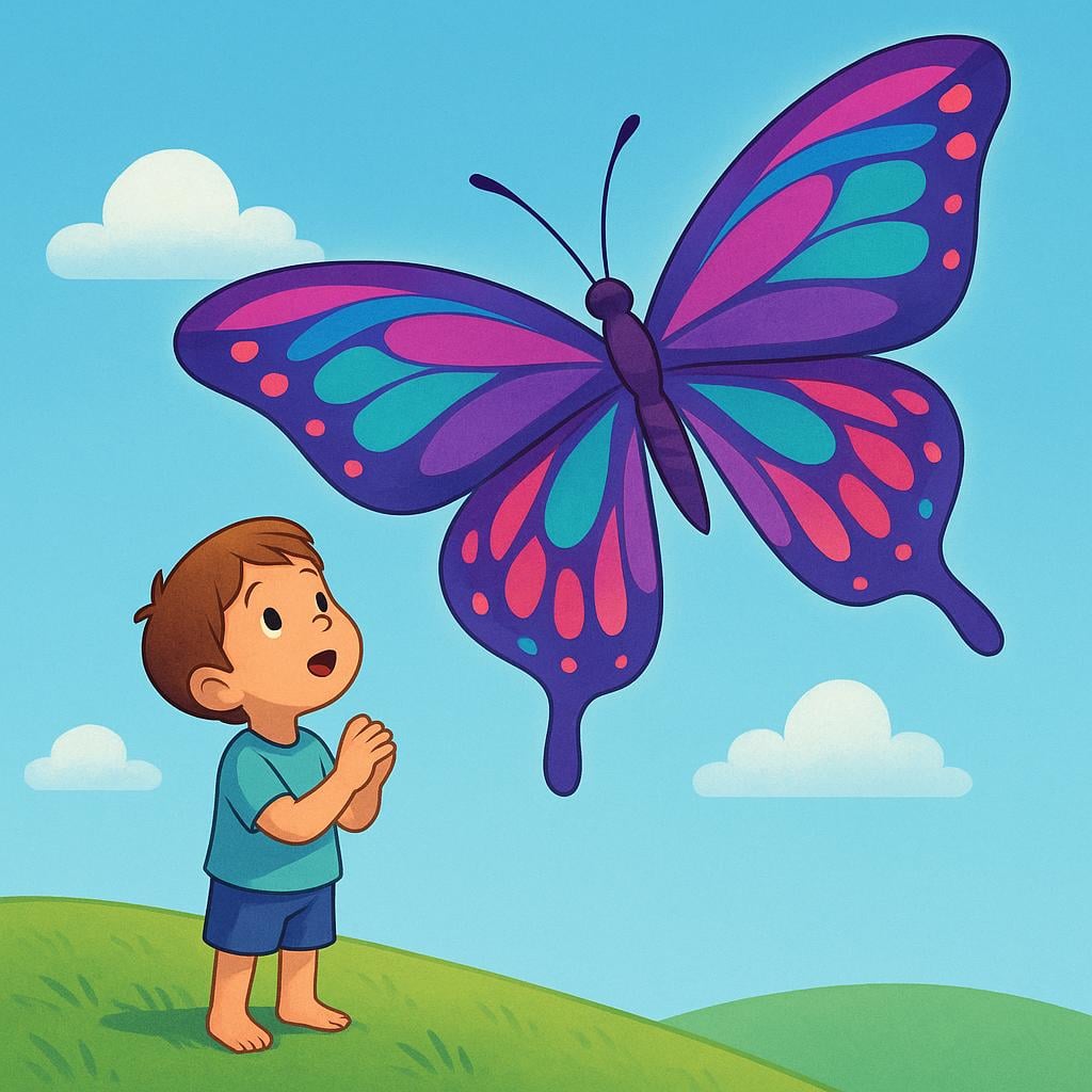 A small child with wide eyes and a look of wonder, gazing up at a gigantic, sparkling, colorful butterfly hovering above them.