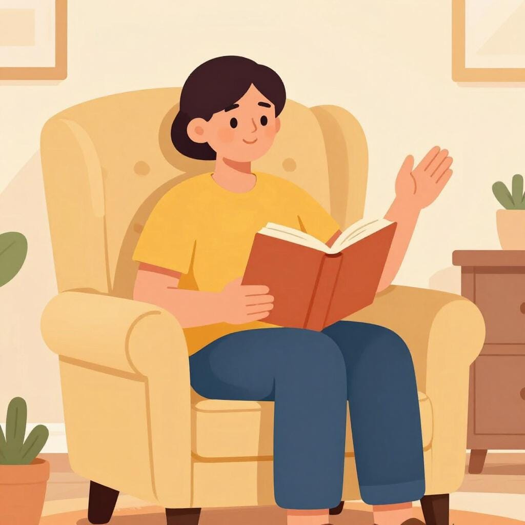 A friendly person sitting in a comfortable chair, holding an open book and speaking to an audience.