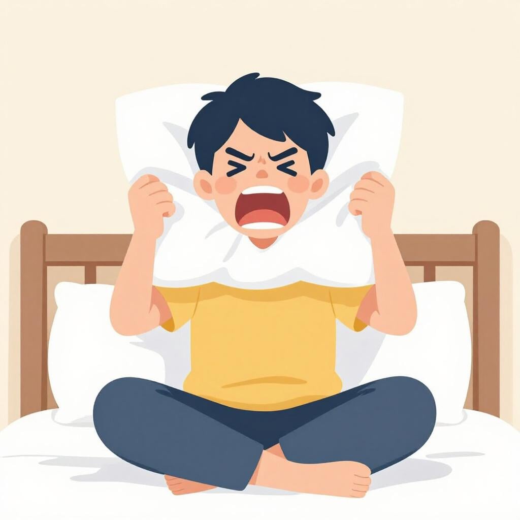 A person shouting into a pillow to release frustration.