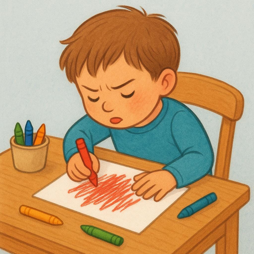 A child sitting at a small table, deeply engrossed and concentrating intensely on drawing a picture with a bright red crayon.