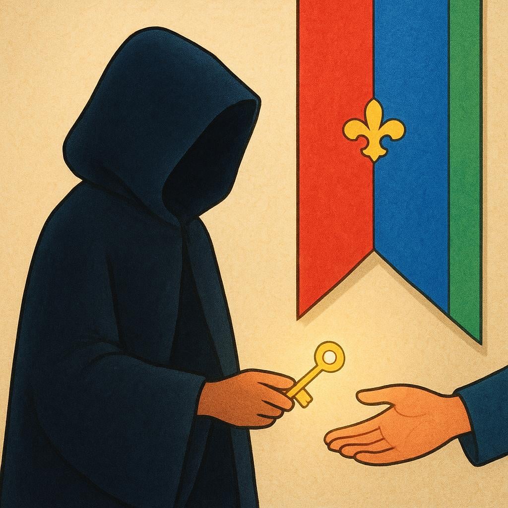 A high-quality illustration of a shadowy figure in a cloak handing a golden key to an unseen hand, symbolizing betrayal.