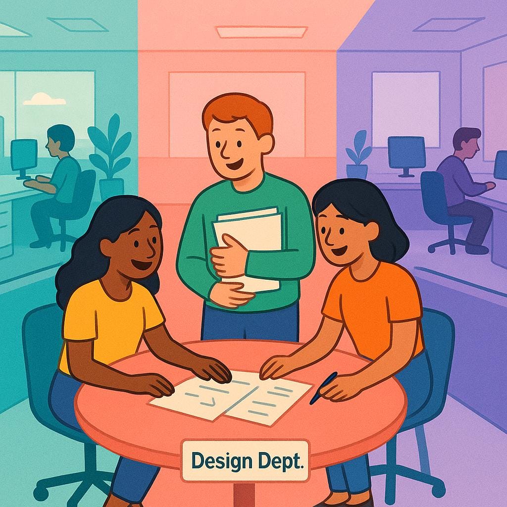 Three distinct, color-coded sections within a large open-plan office, separated by low dividers, representing different departments.