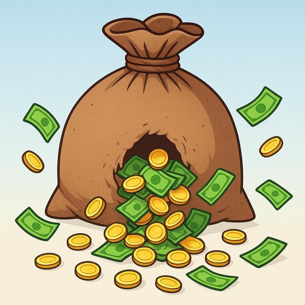 Un sac d'argent aux couleurs vives et débordant avec une grande déchirure au fond, par laquelle des pièces et des billets s'échappent rapidement sur le sol.