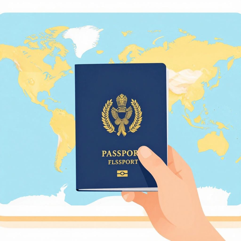 A person holding a small blue book with a golden emblem, standing in front of a colorful map of the world.