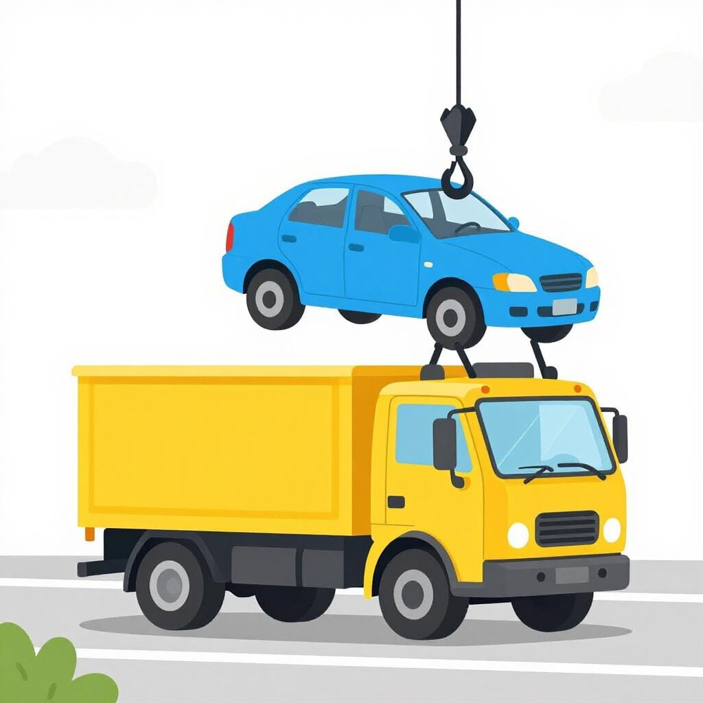 A bright yellow tow truck lifting the front of a small blue car on a clean road.