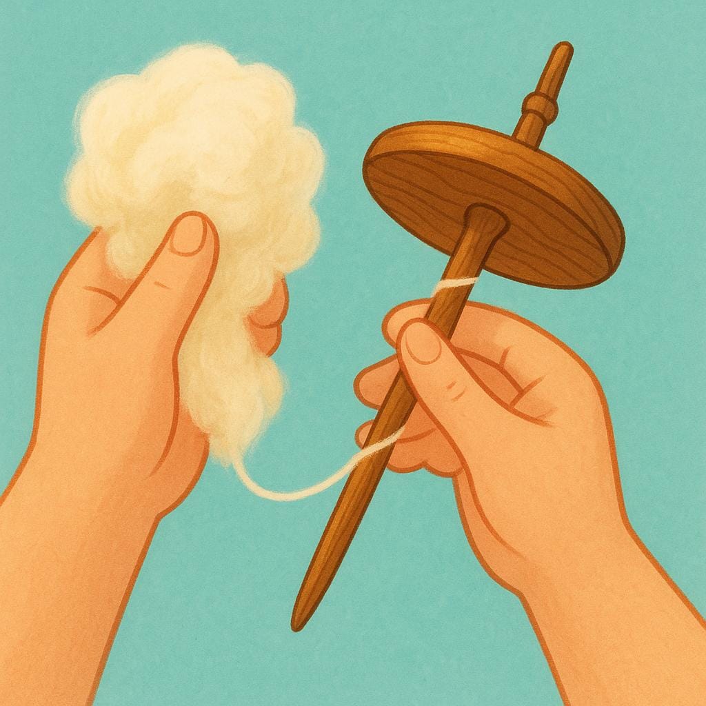 A person using a wooden spindle to turn raw wool into a long piece of yarn.