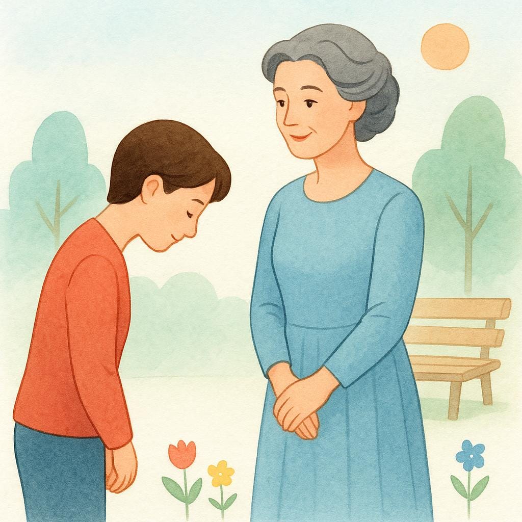 Uma ilustração de livro de histórias de alta qualidade mostrando uma mulher madura com uma postura elegante sendo respeitosamente reconhecida por uma pessoa mais jovem que está ligeiramente curvando a cabeça.