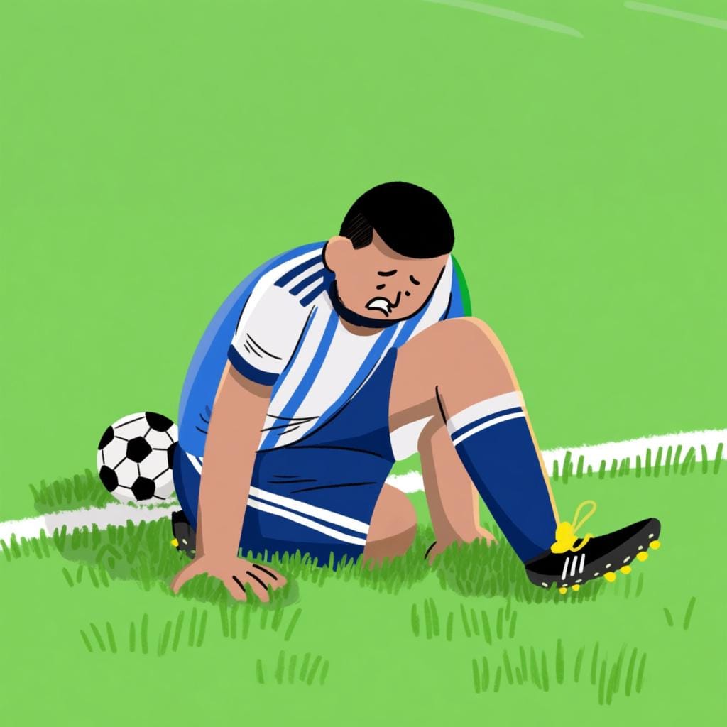 Een mannelijke voetballer die op het gras zit, er uitgeput en buiten adem uitziet na fysieke inspanning.