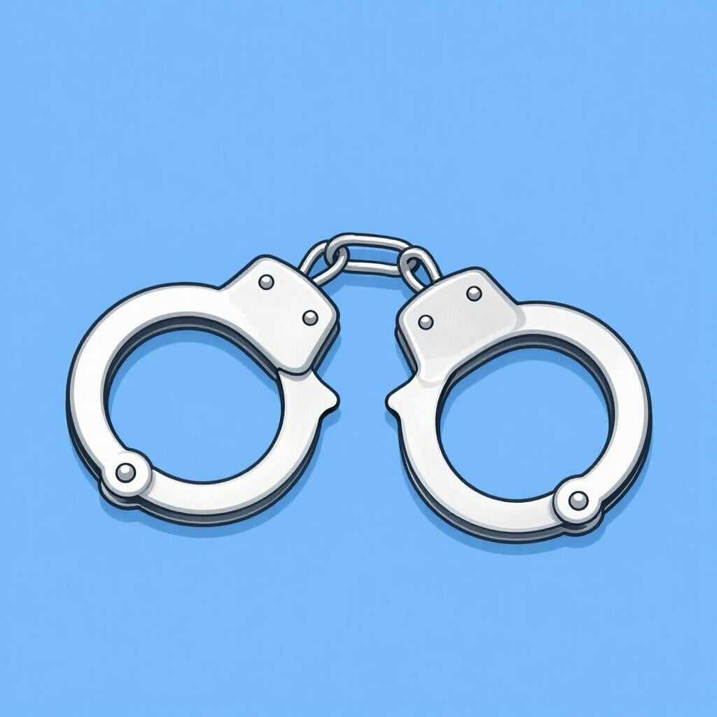 Eine Nahaufnahme einer Illustration von zwei miteinander verriegelten Metallhandschellen auf einer schlichten Oberfläche.