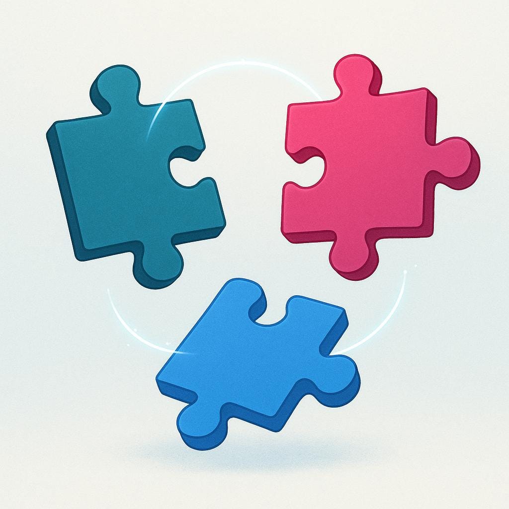 Three brightly colored, distinct puzzle pieces floating in the air, visibly being pulled together by glowing lines to form a linked sequence.