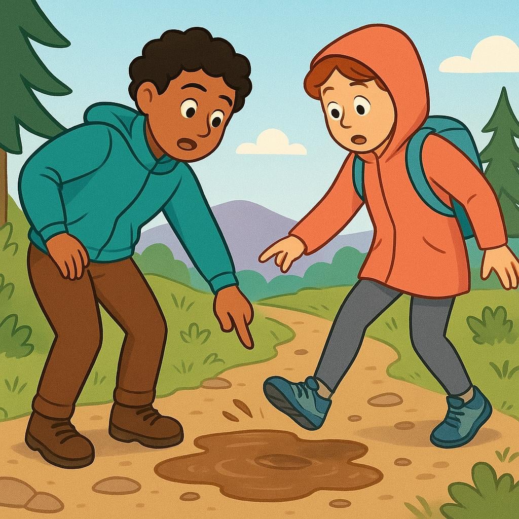 A young hiker pointing urgently at a muddy patch on the trail to caution a companion who is about to step there.