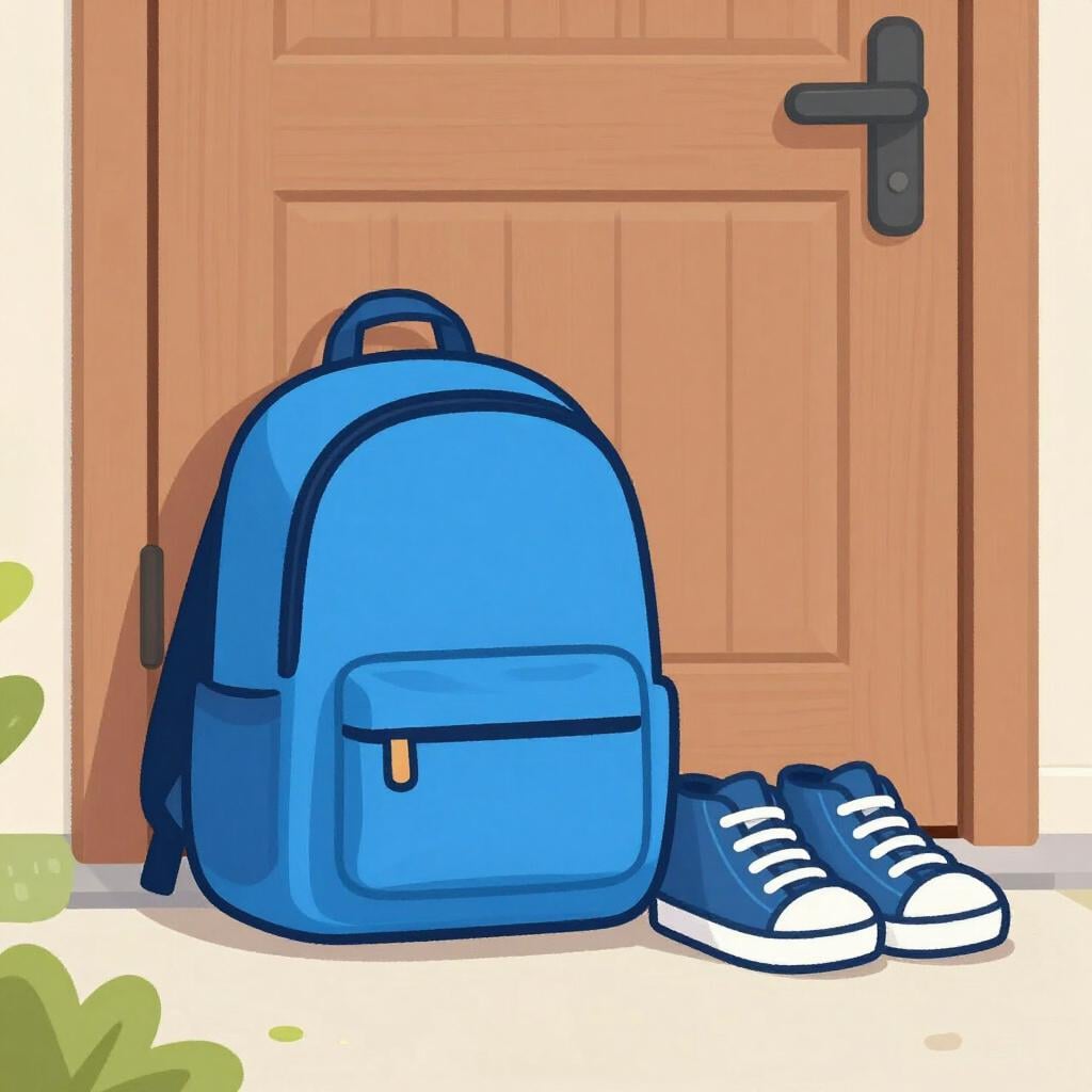 Un sac à dos soigneusement emballé et une paire de chaussures posés près d'une porte d'entrée, prêts pour le lendemain.