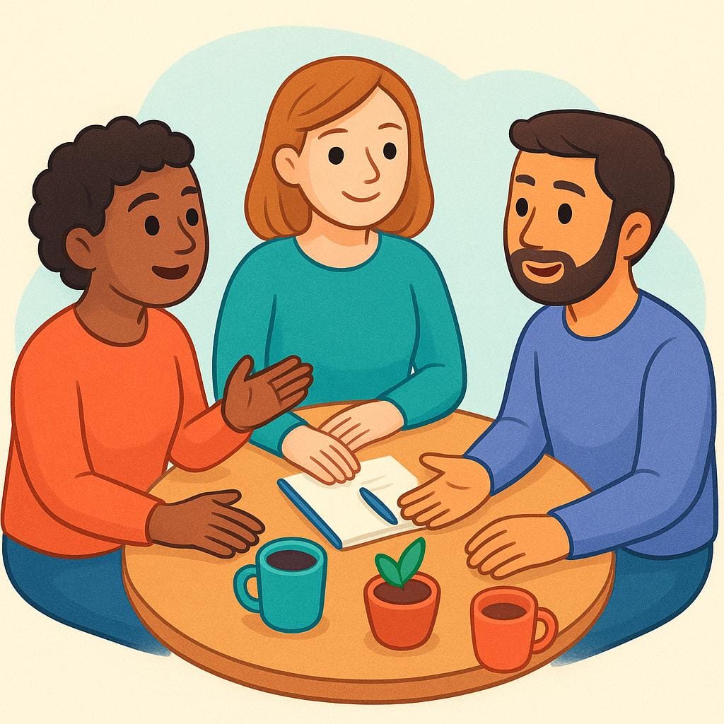 Three stylized people sitting around a round table, engaged in discussion, symbolizing a meeting or general assembly.