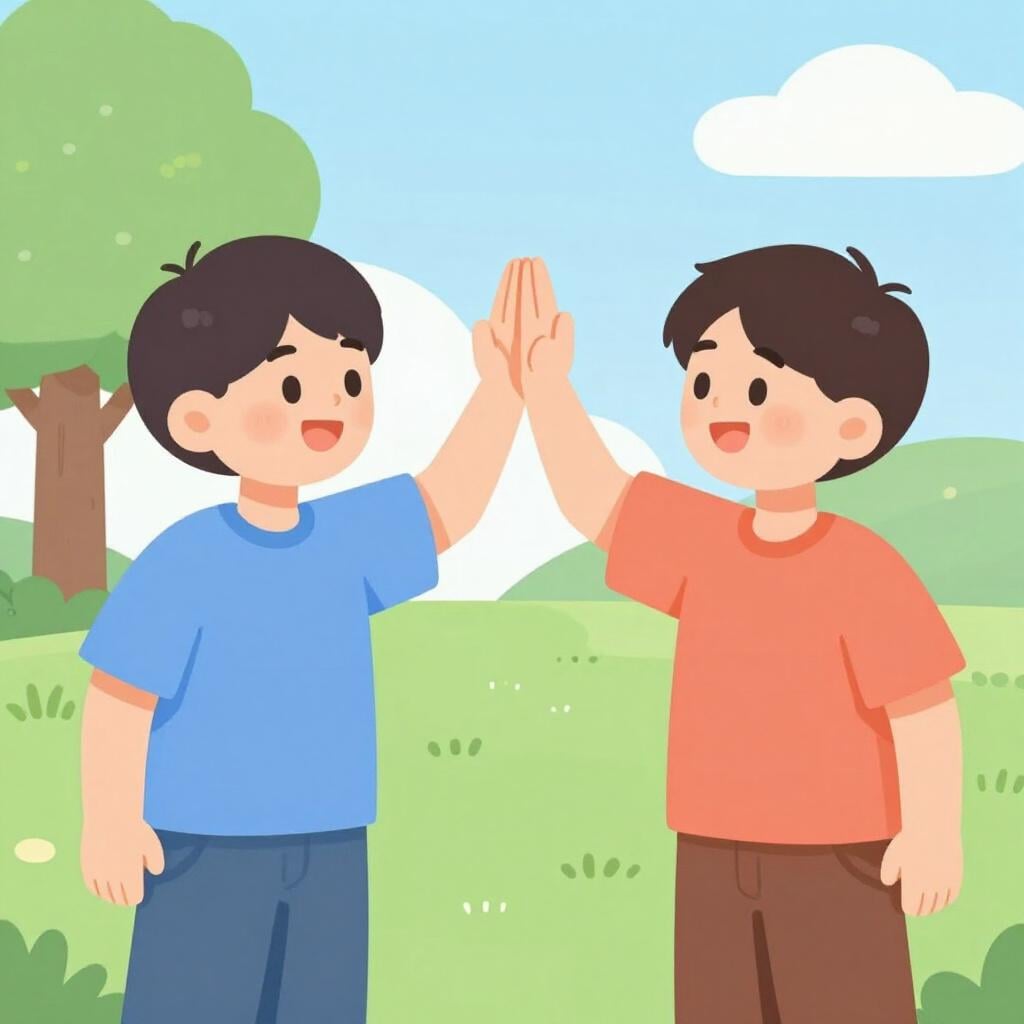 Dois jovens amigos de roupa casual a dar um high-five amigável num parque.