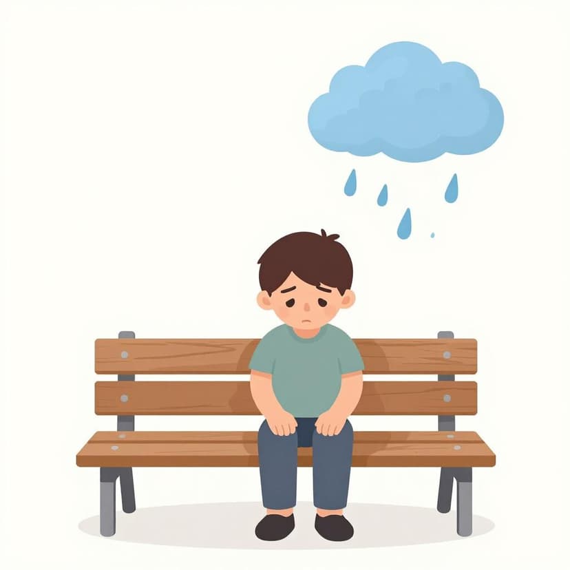 Une personne assise seule sur un banc, l'air triste, la tête baissée et un petit nuage de pluie au-dessus d'elle.