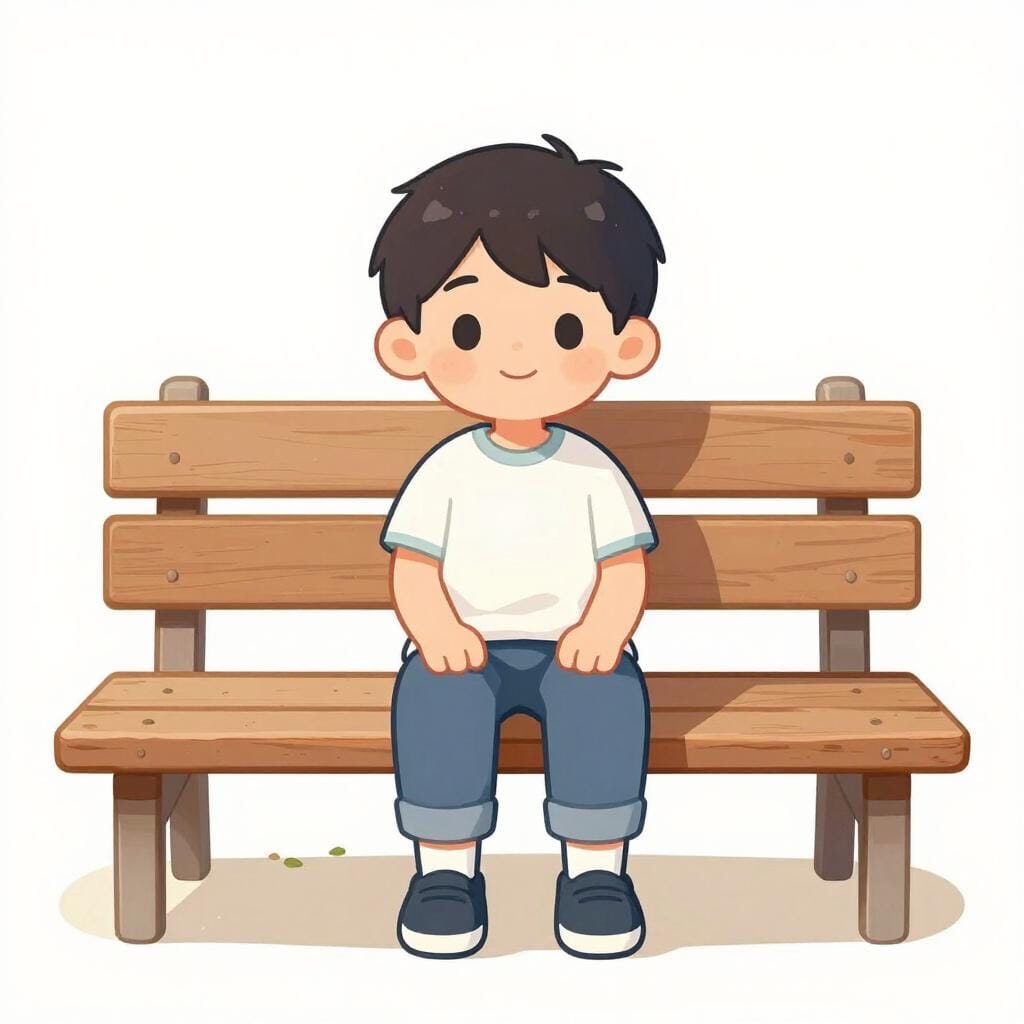 Een kalm kind dat rustig op een eenvoudige houten bank zit en geduld toont door vredig te wachten.