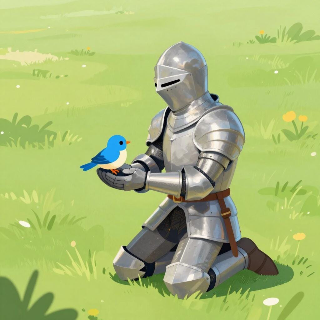 Ein edler Ritter hilft einem kleinen, verletzten Vogel, was Größe des Charakters veranschaulicht.