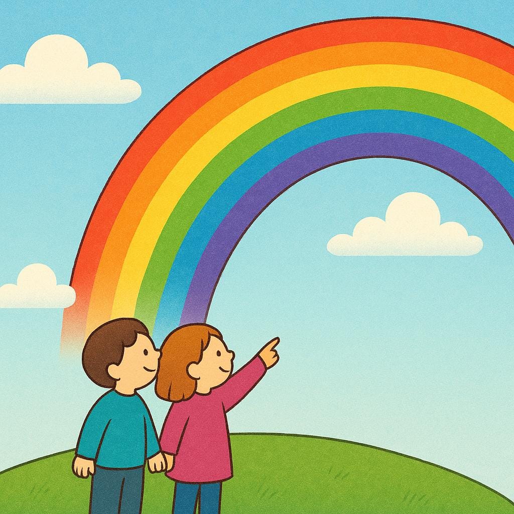 Duas pequenas figuras paradas em uma colina, apontando juntas para um arco-íris grande e vibrante.