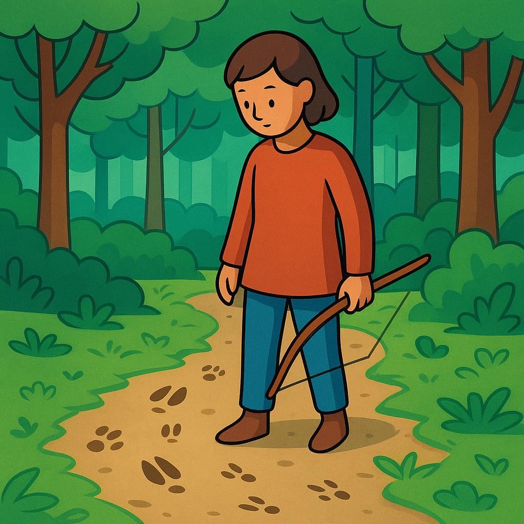 A hunter with a bow and arrow standing in a forest, looking at deer tracks in the grass.