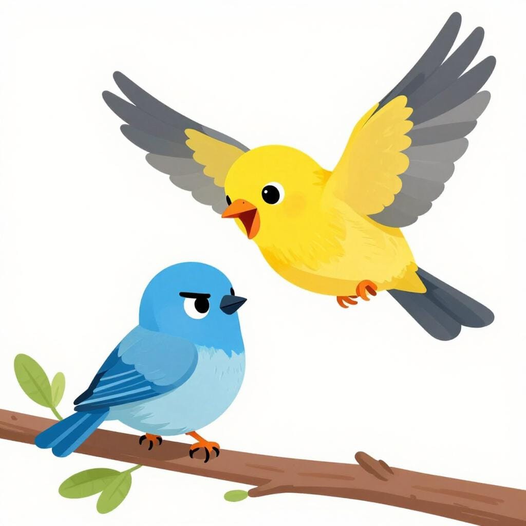 Un petit oiseau frustré étant suivi et harcelé par un oiseau plus gros et persistant.