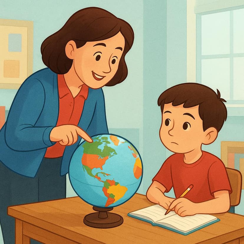 A friendly adult teacher standing next to a desk, pointing at a colorful world globe while a young student watches attentively.