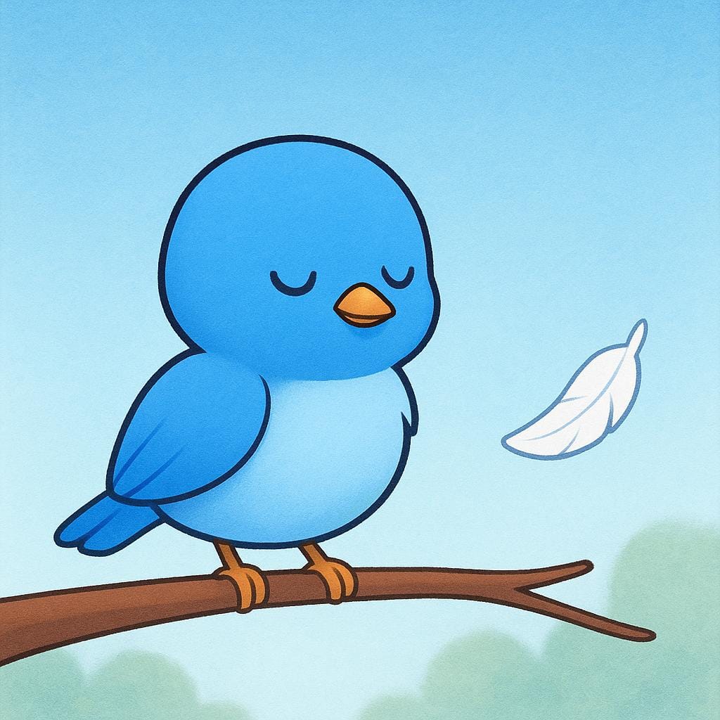 A simple storybook drawing of a blue bird on a tree branch watching a single white feather drift away, illustrating molting.