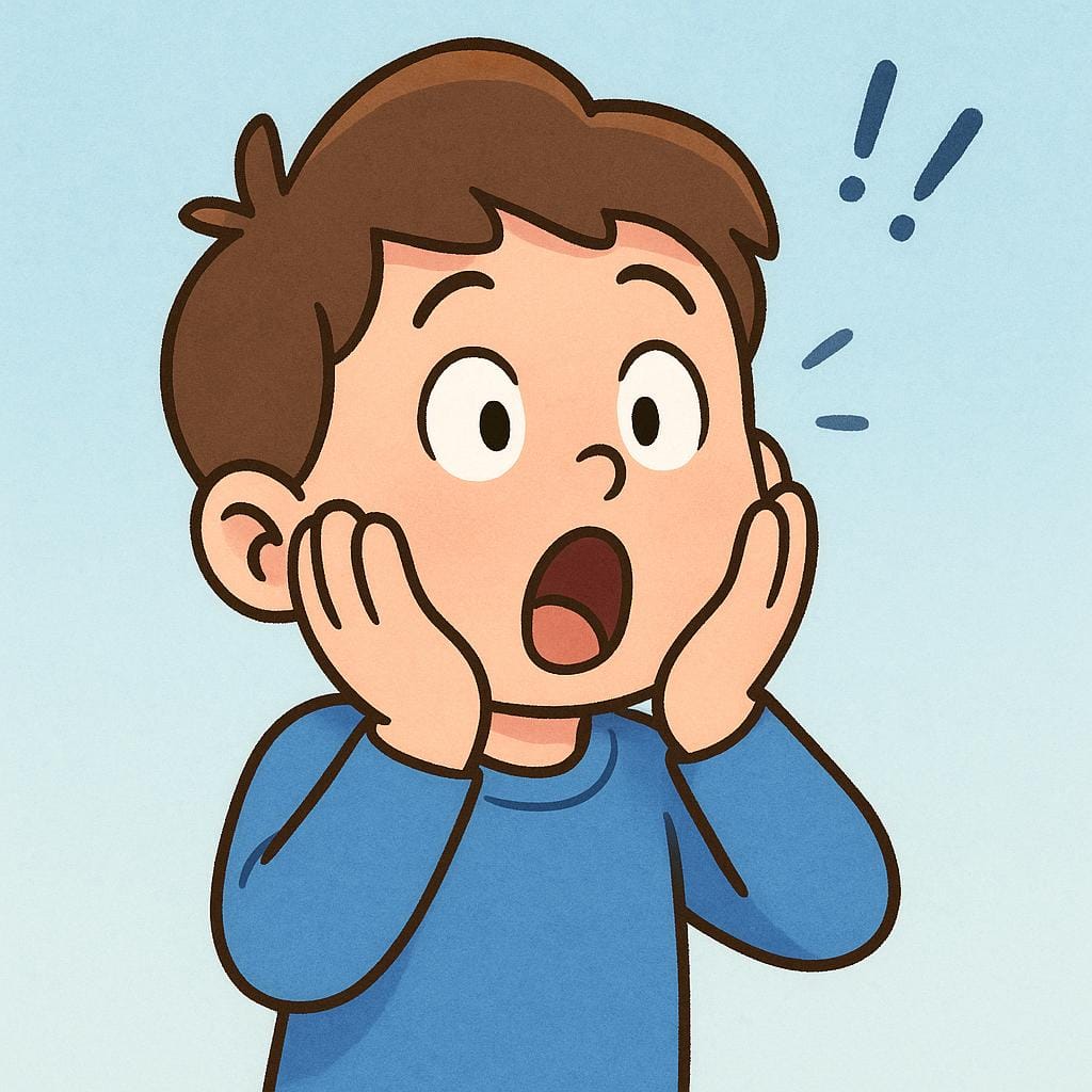 A cartoon character with a look of extreme surprise, hands pressed against their cheeks, showing dismay.