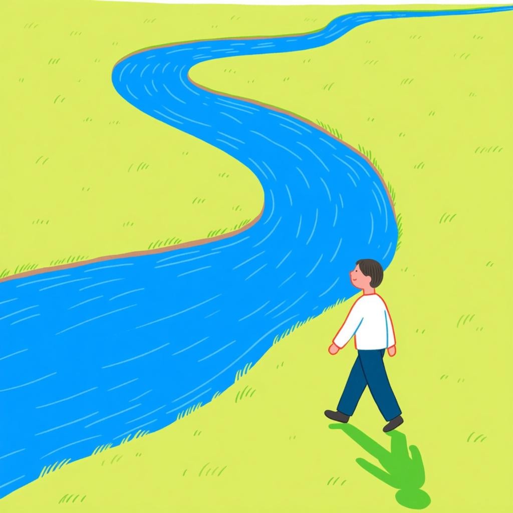 A small figure walking directly beside a winding blue river, following the path of the bank.