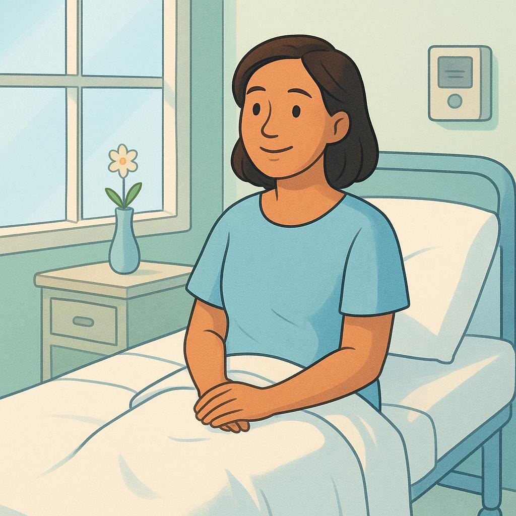 Een vrouw in een lichtblauw ziekenhuisschort rechtop in een schoon ziekenhuisbed, wat een vrouwelijke patiënt voorstelt.