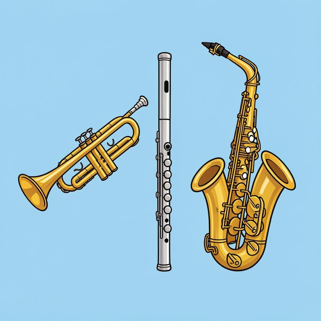 A collection of shiny brass and woodwind instruments like a trumpet, flute, and saxophone resting on a blue velvet cloth.
